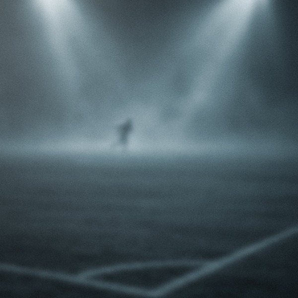 An empty pitch at night, floodlights in fog, one distant player running.