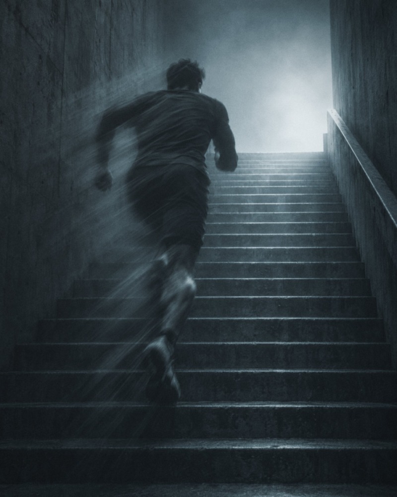 An athlete running up concrete stairs toward the light.